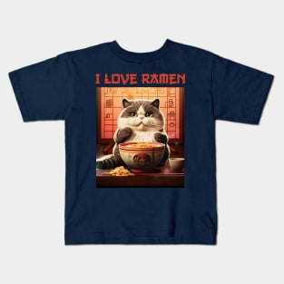 Quirky Chubby Kitty Cat Eating Ramen - I Love Ramen Kids T-Shirt